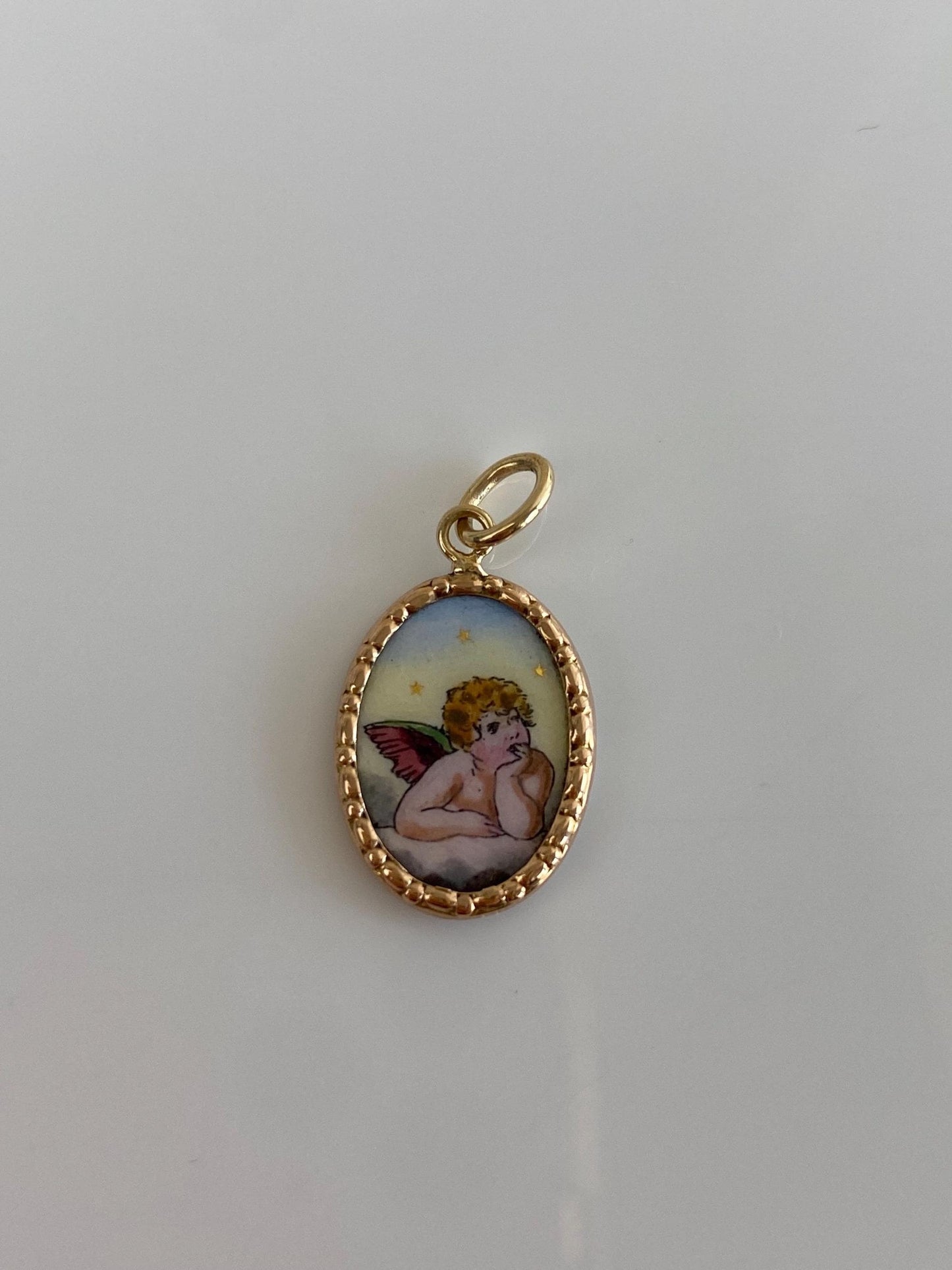 Vintage Solid 14k Yellow Gold Enamel Angel Cherub Charm
