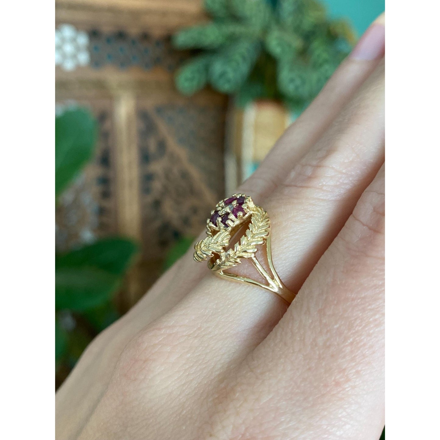 Vintage Solid 14k Yellow Gold Diamond Pink Sapphire Flower Wheat Ring - Size 5.5
