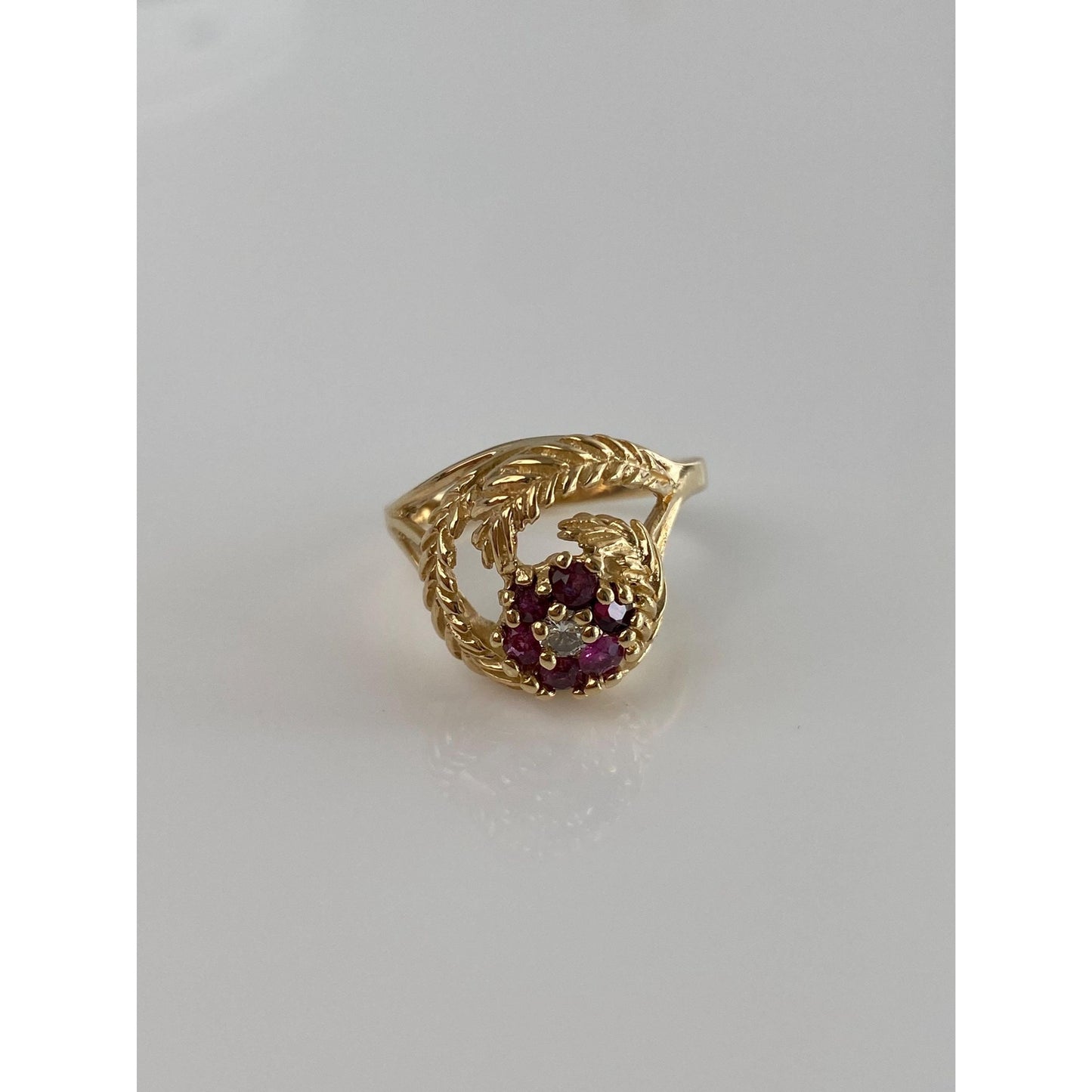 Vintage Solid 14k Yellow Gold Diamond Pink Sapphire Flower Wheat Ring - Size 5.5