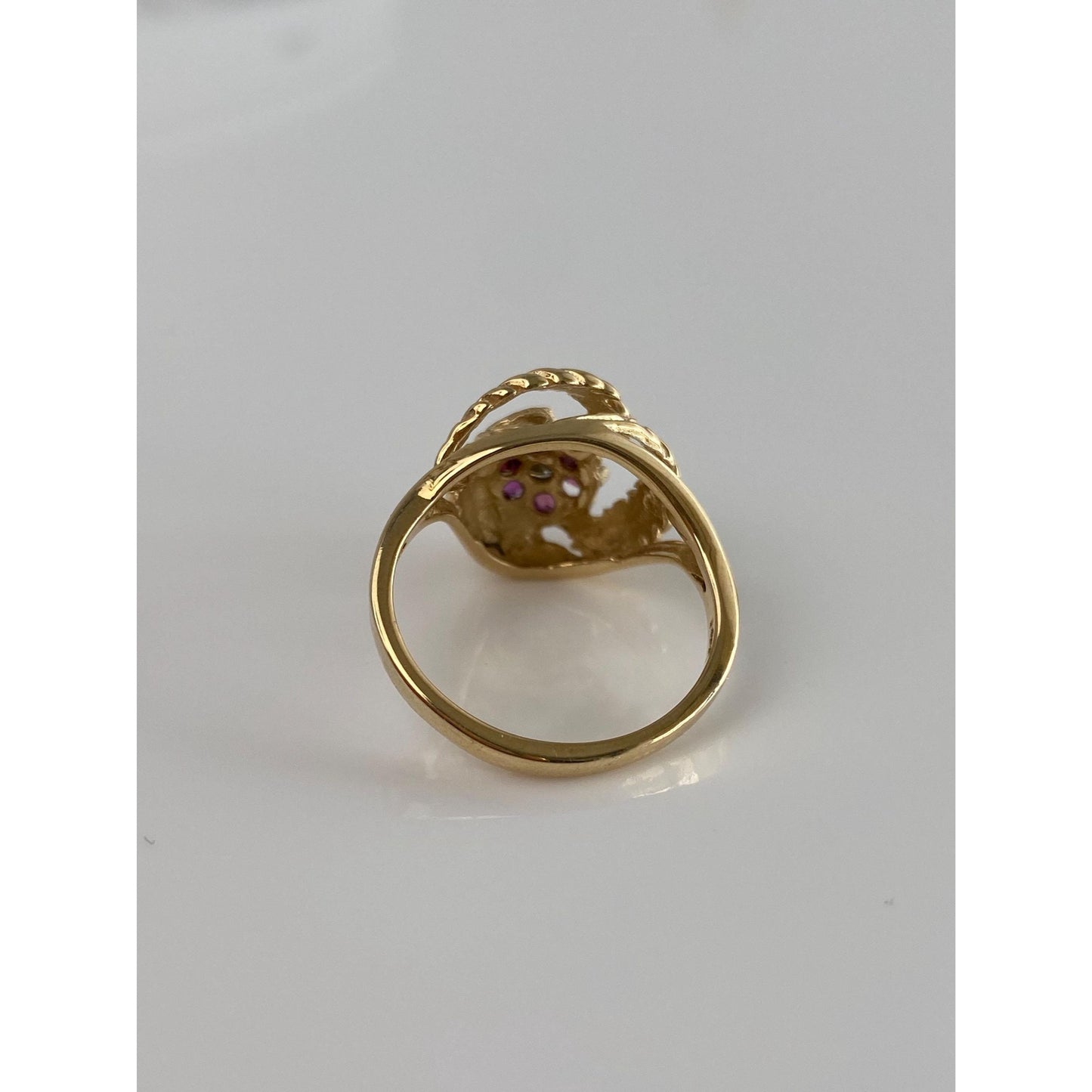 Vintage Solid 14k Yellow Gold Diamond Pink Sapphire Flower Wheat Ring - Size 5.5