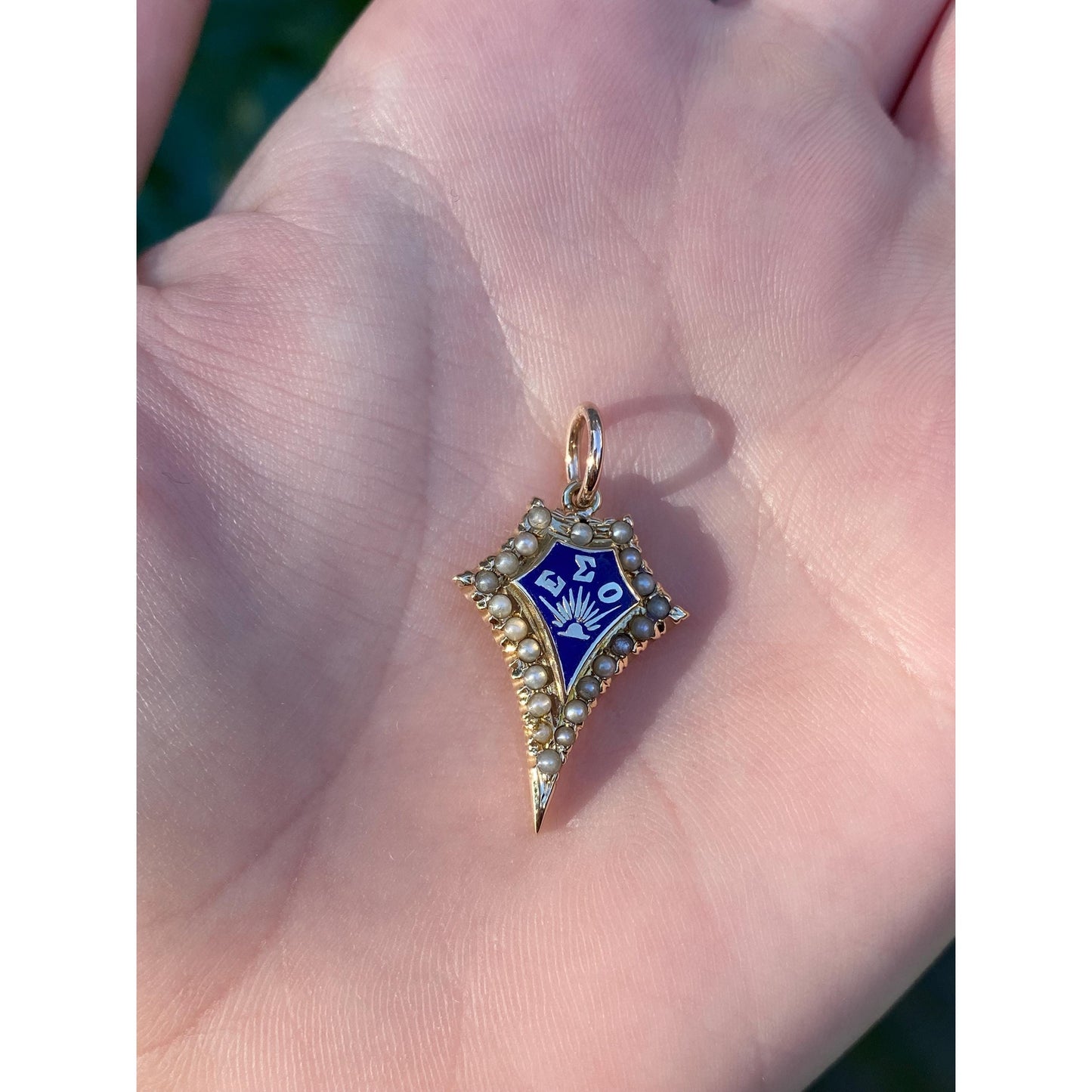 Vintage Solid 14k Yellow Gold Seed Pearl Blue Enamel Fraternity Charm