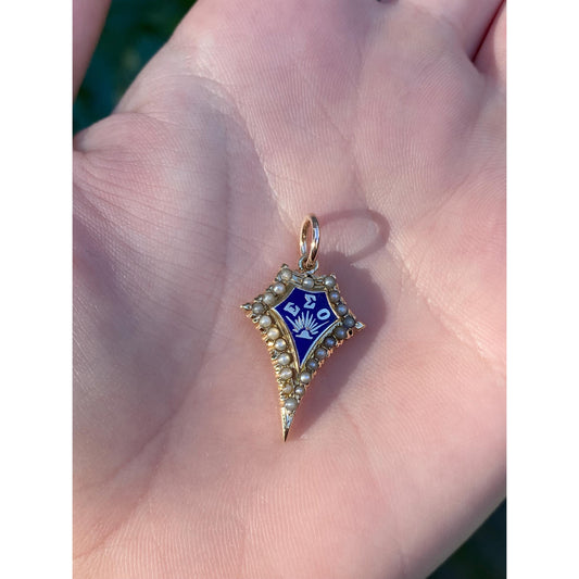 Vintage Solid 14k Yellow Gold Seed Pearl Blue Enamel Fraternity Charm