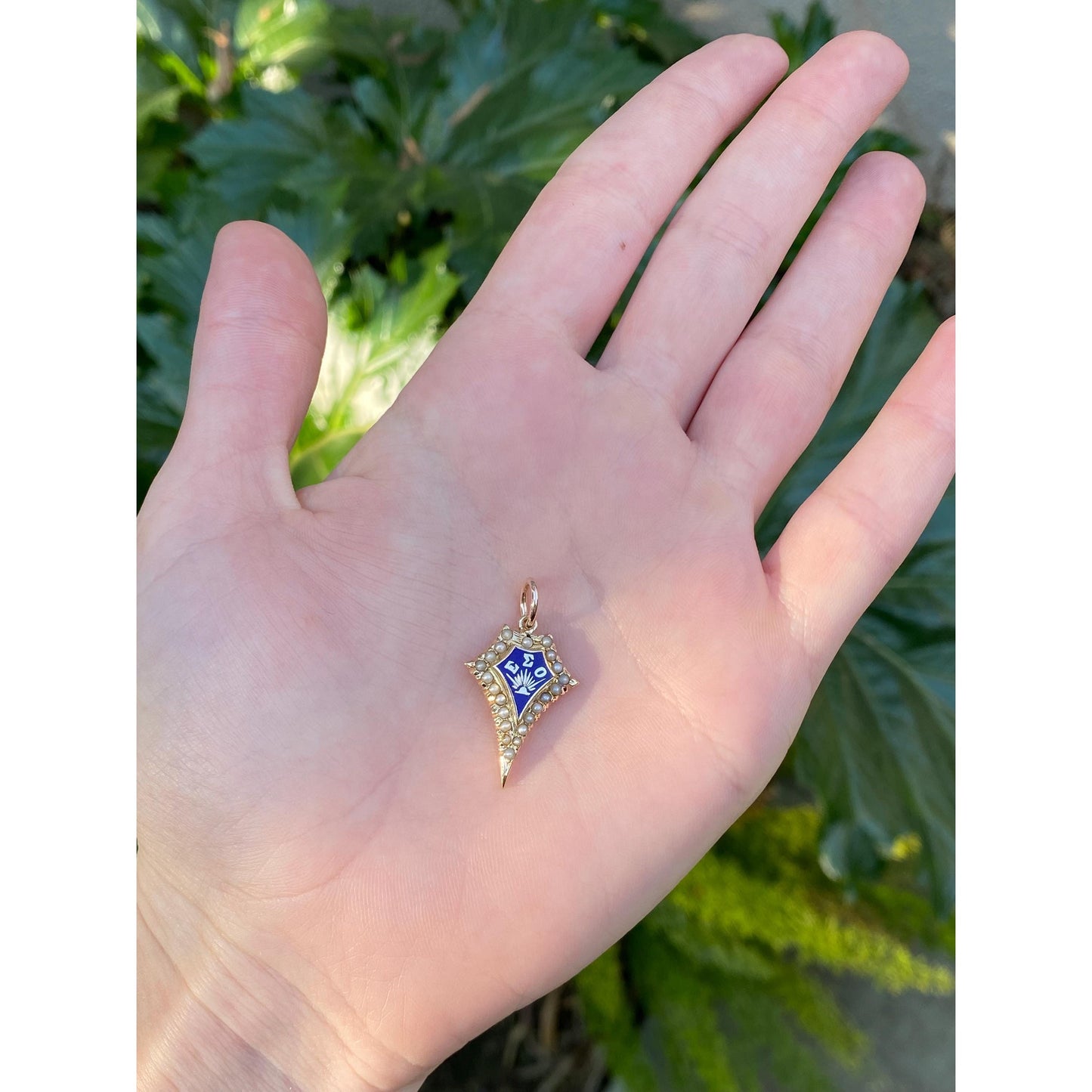 Vintage Solid 14k Yellow Gold Seed Pearl Blue Enamel Fraternity Charm