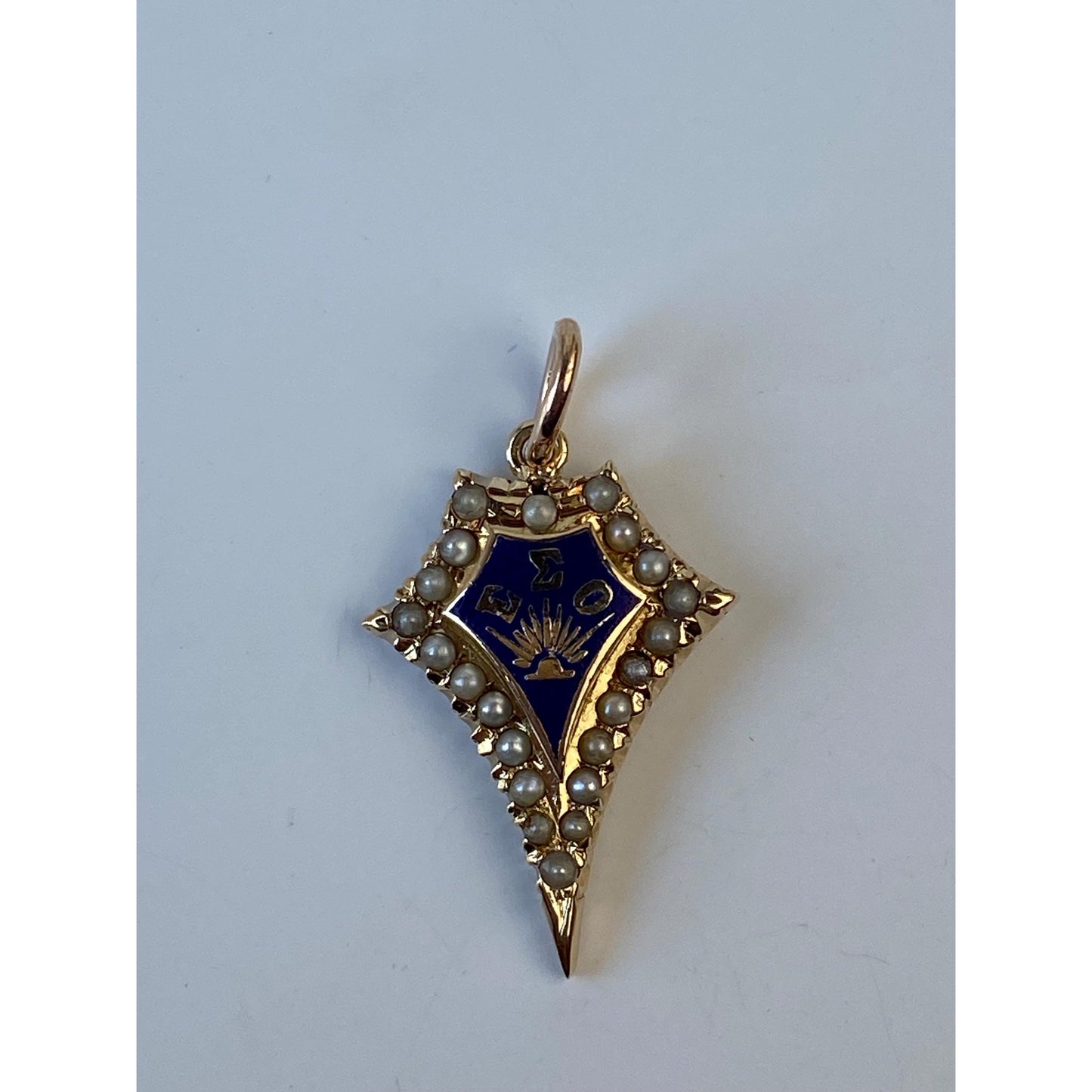Vintage Solid 14k Yellow Gold Seed Pearl Blue Enamel Fraternity Charm