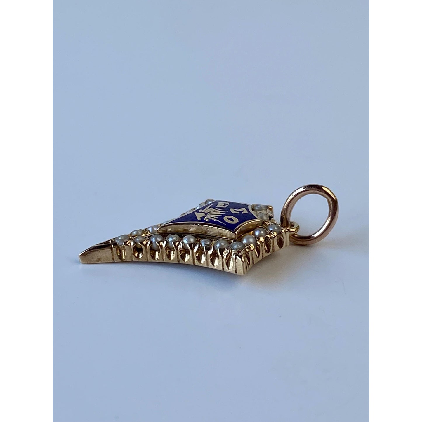 Vintage Solid 14k Yellow Gold Seed Pearl Blue Enamel Fraternity Charm