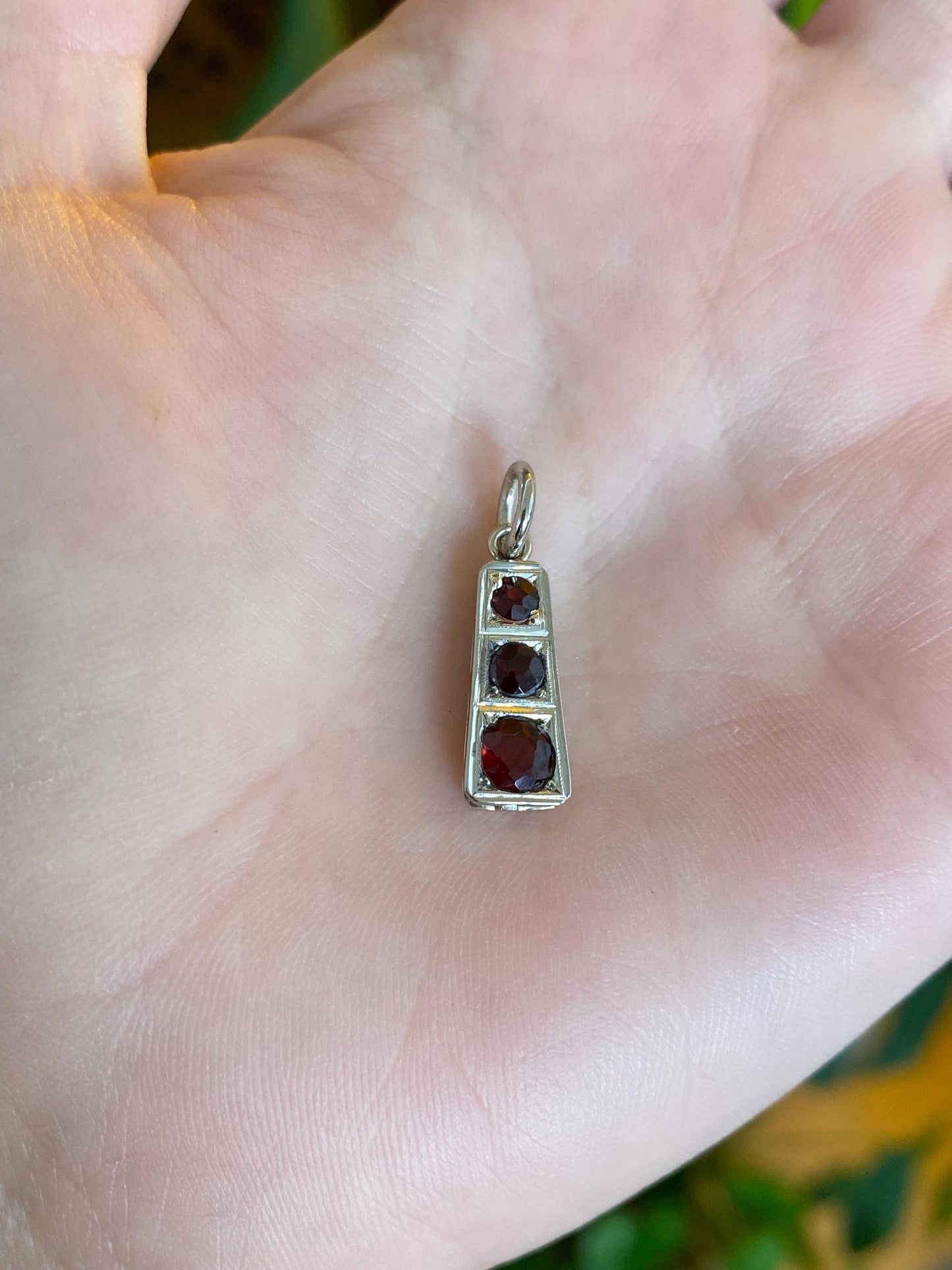 Vintage Solid 14k White Gold Triple Garnet Charm