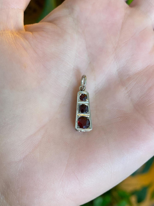 Vintage Solid 14k White Gold Triple Garnet Charm