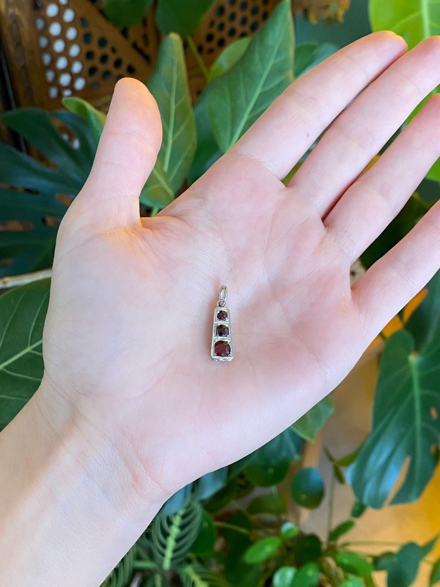 Vintage Solid 14k White Gold Triple Garnet Charm