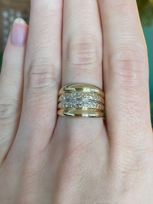 Vintage Solid 14k White & Yellow Gold Diamond Cut Ring Band - Size 6.5