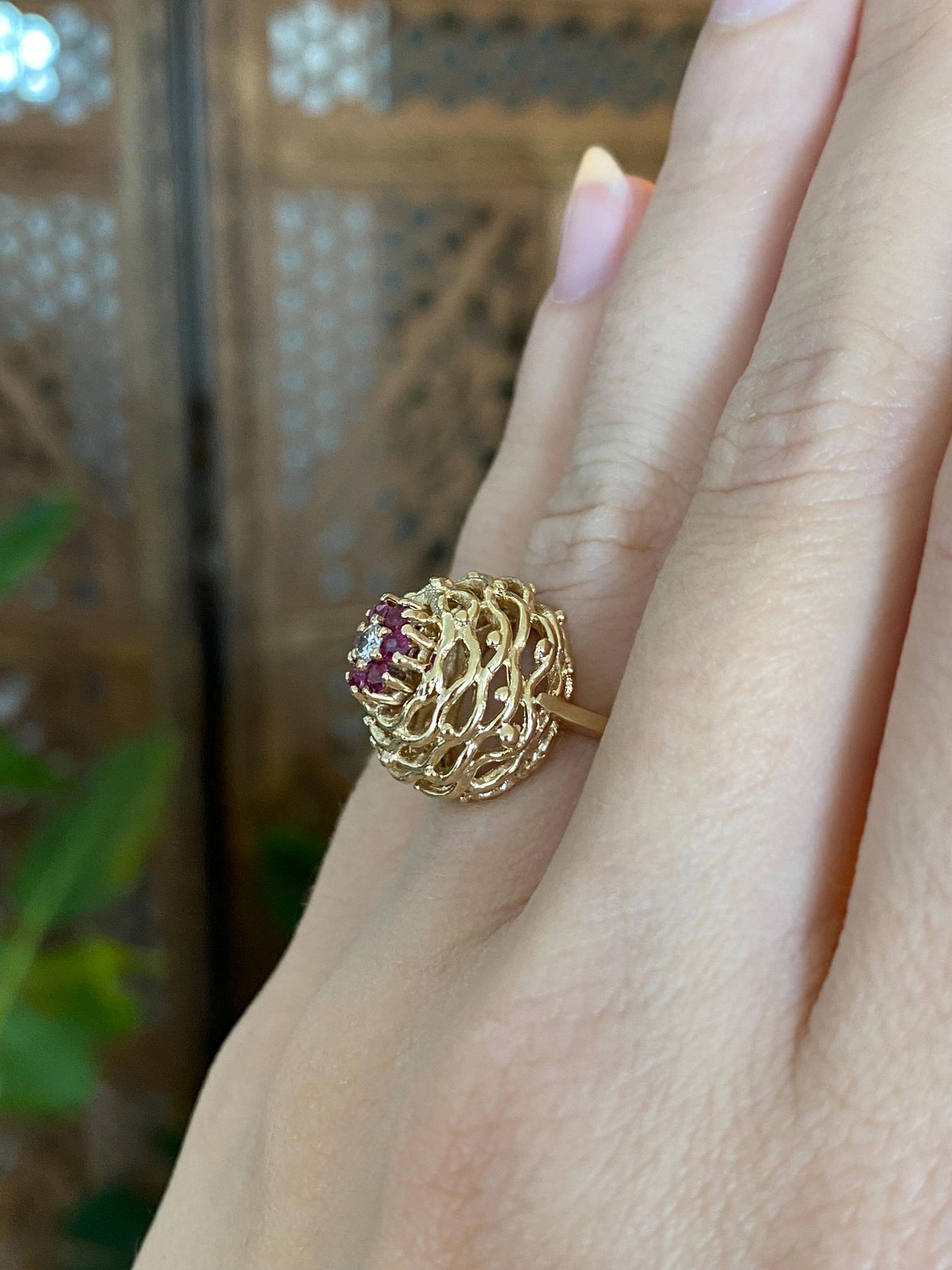 Vintage Solid 14k Yellow Gold Diamond Ruby Halo Open Texture Ring - Size 4.75
