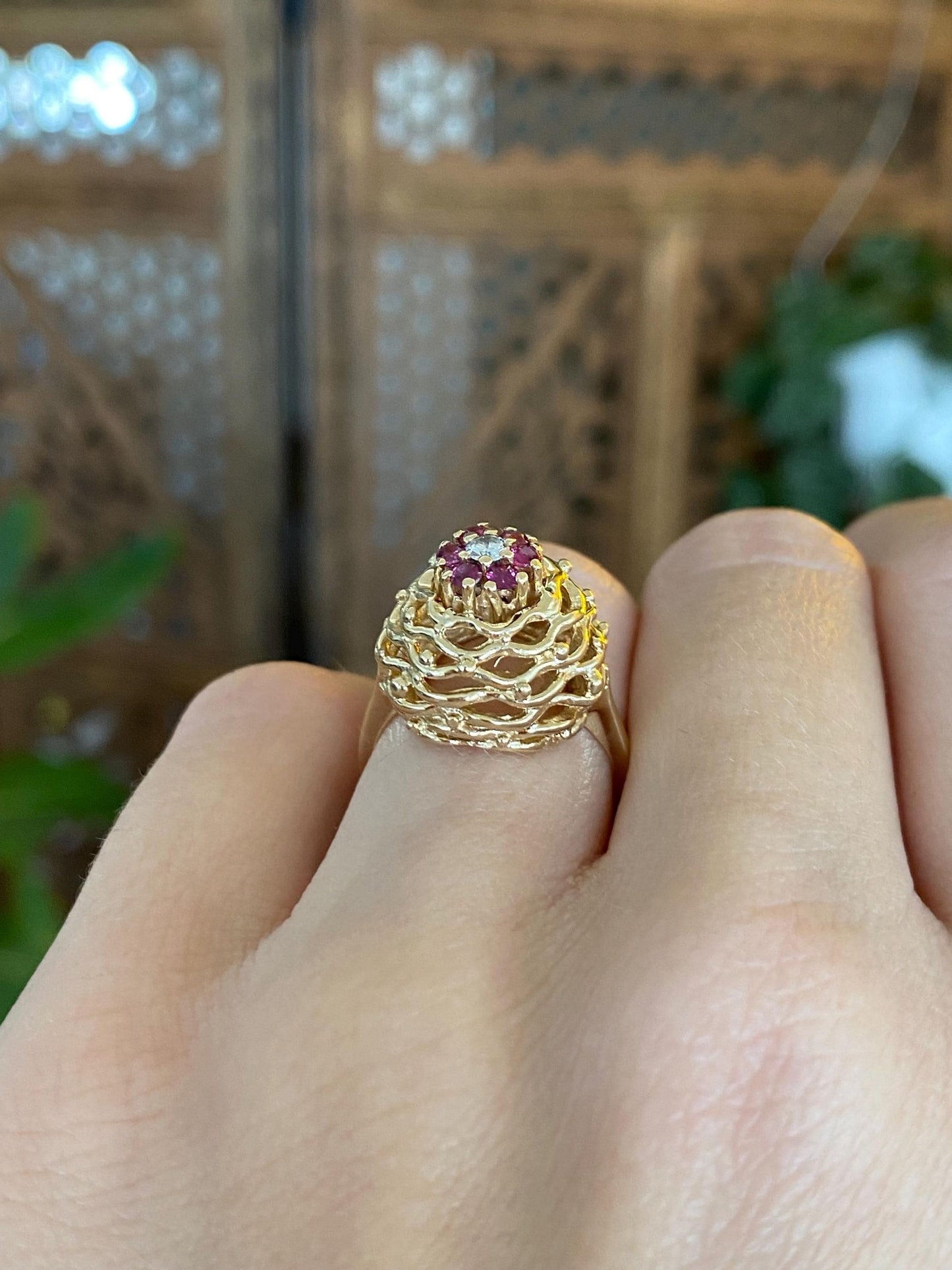 Vintage Solid 14k Yellow Gold Diamond Ruby Halo Open Texture Ring - Size 4.75