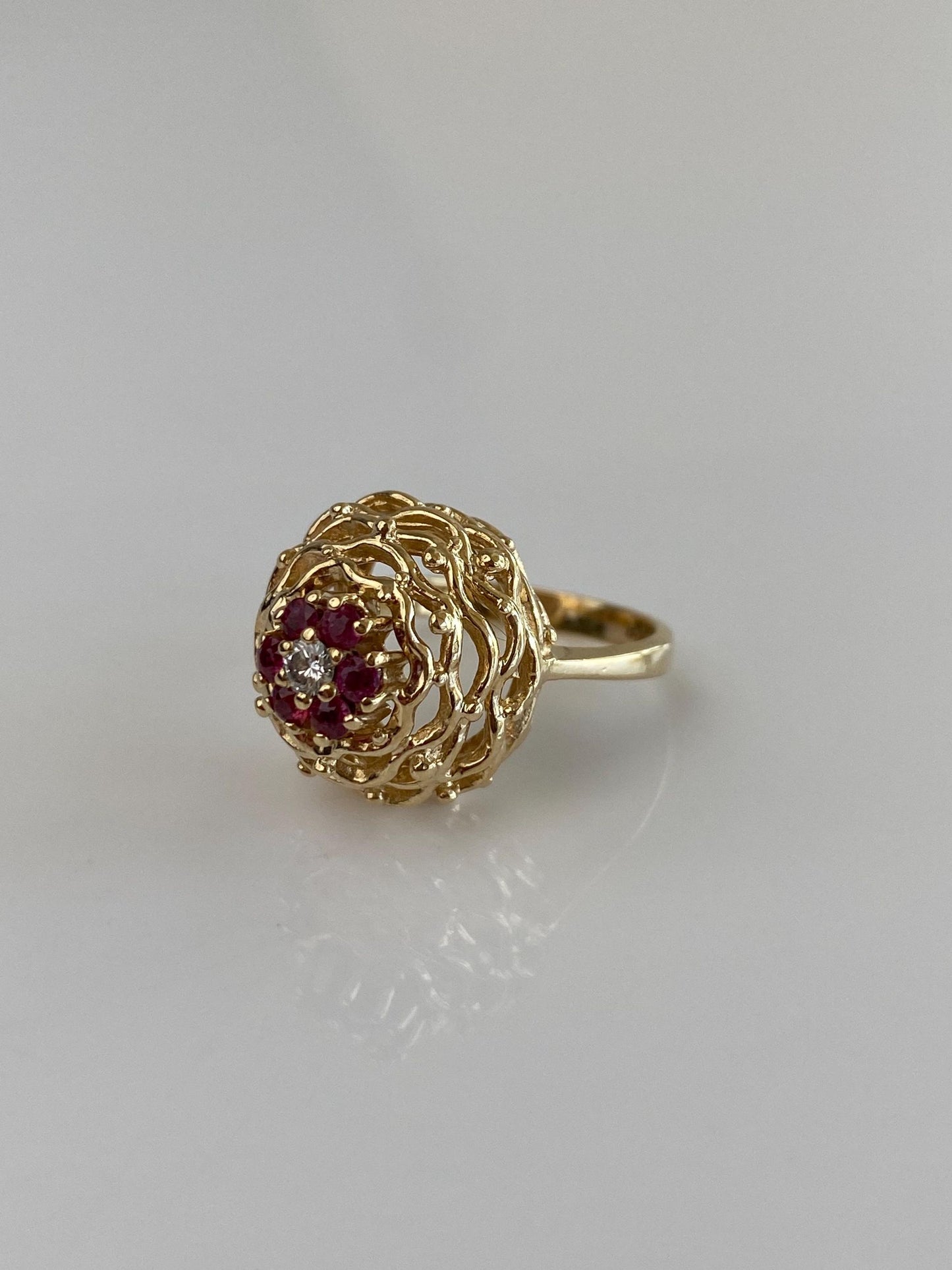 Vintage Solid 14k Yellow Gold Diamond Ruby Halo Open Texture Ring - Size 4.75