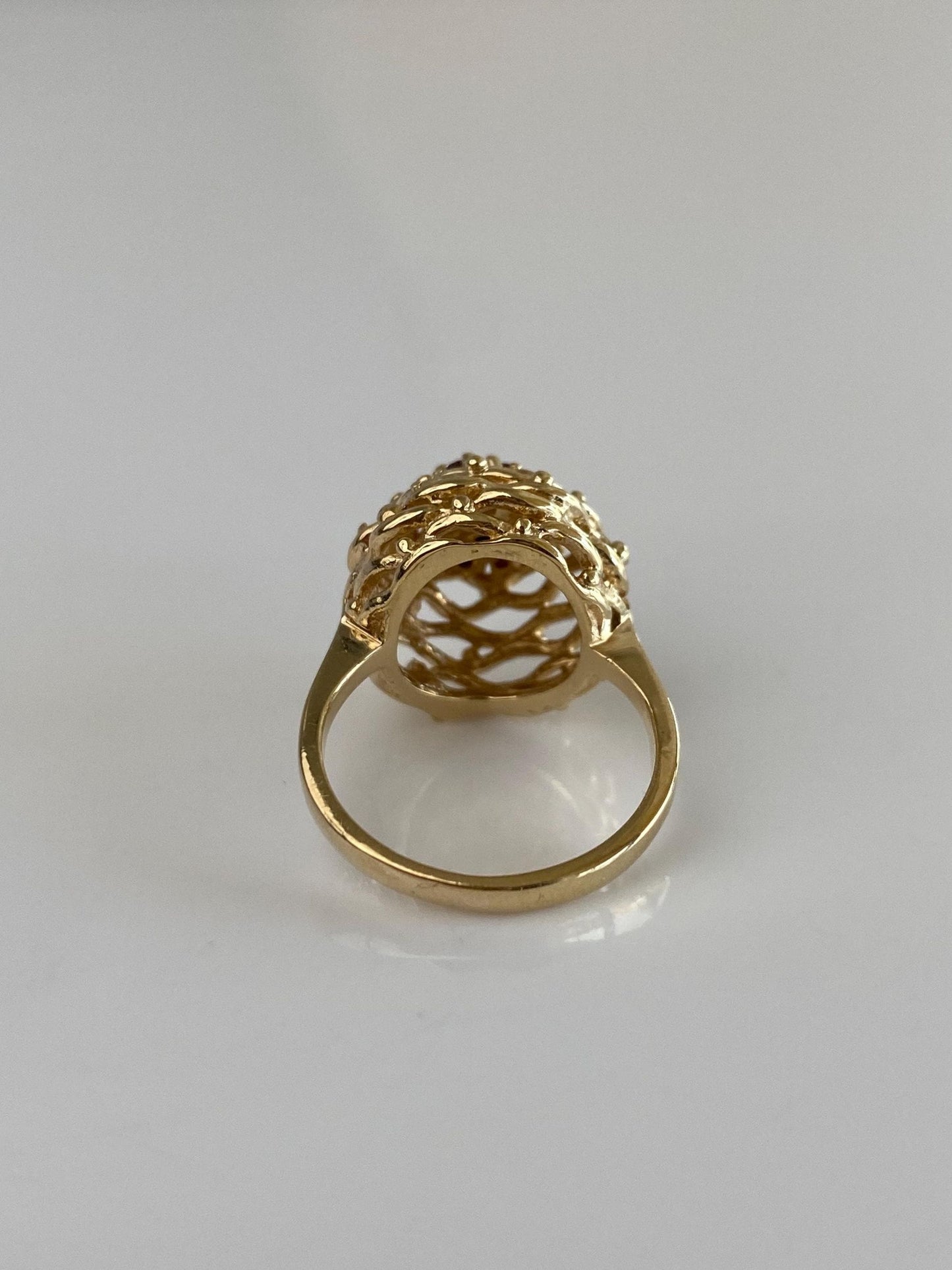 Vintage Solid 14k Yellow Gold Diamond Ruby Halo Open Texture Ring - Size 4.75