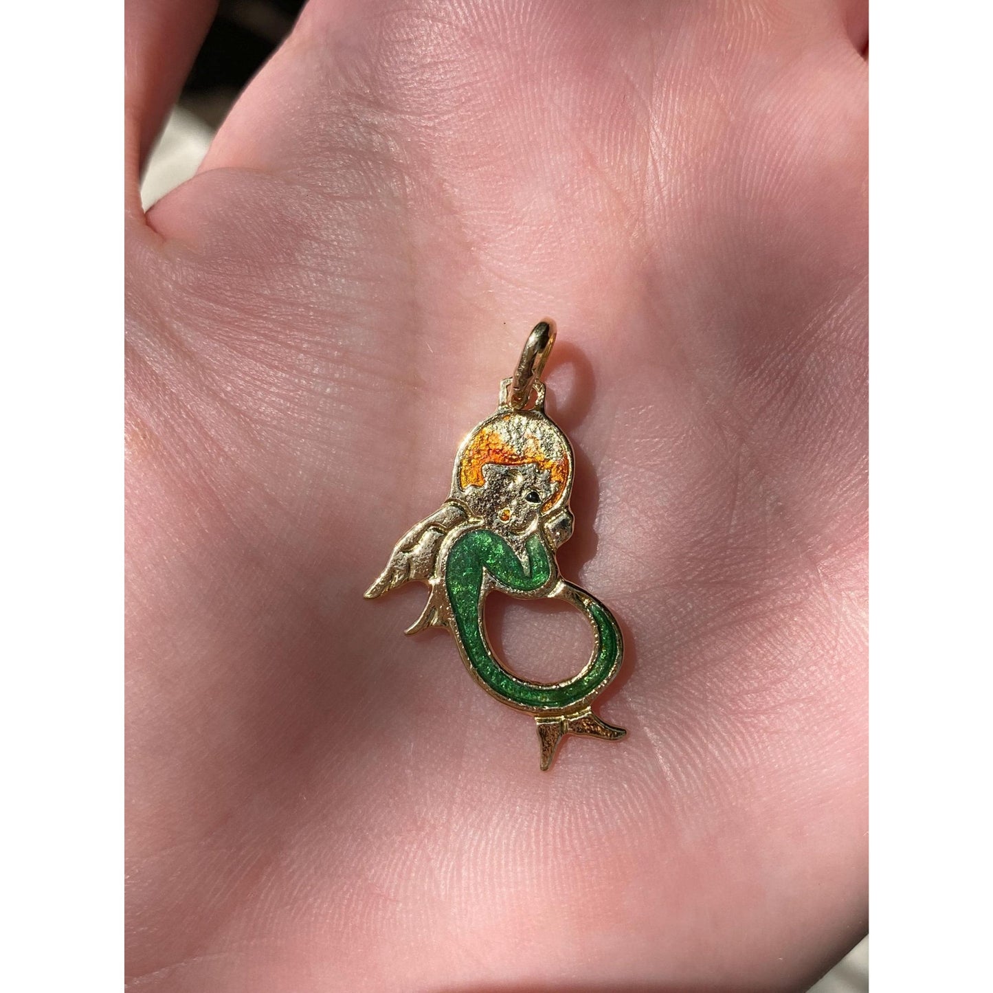 Vintage Solid 18k Yellow Gold Enamel Angel Charm