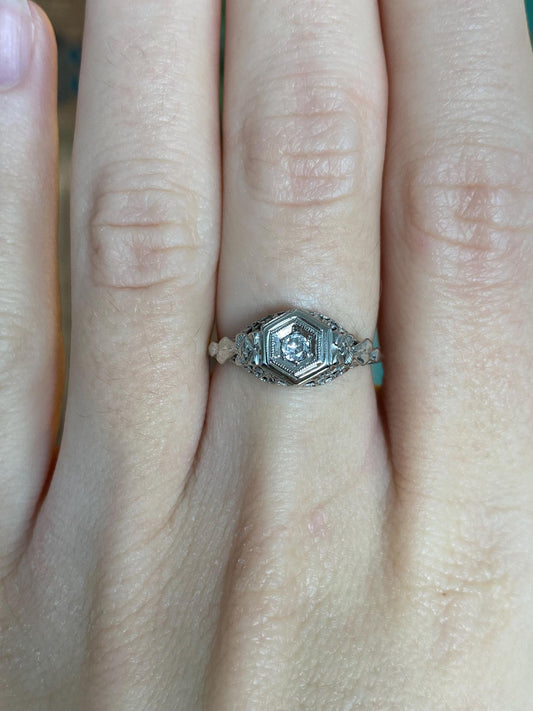 Vintage Solid 18k White Gold Clear Sapphire Art Deco Ring Band - Size 5.5