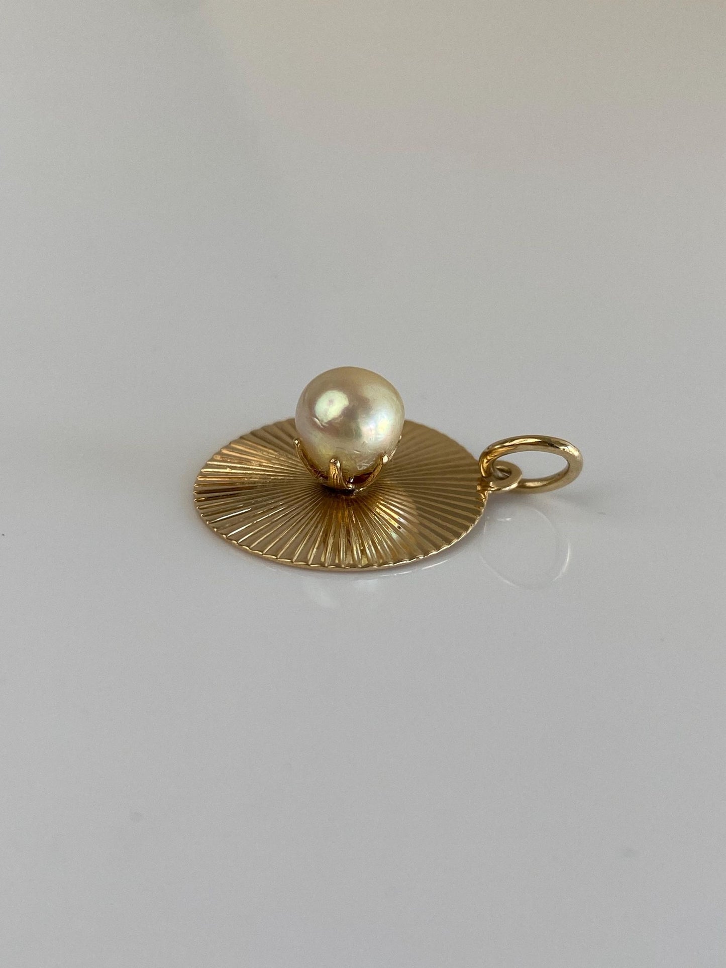 Vintage Solid 14k Yellow Gold Engine Turned Pearl Charm