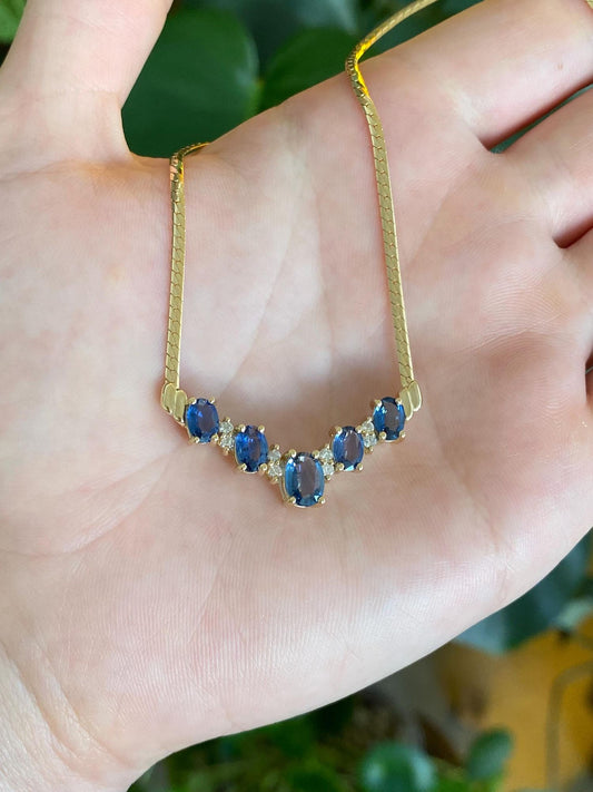 Vintage Solid 14k Yellow Gold Blue Sapphire Diamonds Flat Chain Necklace - 17.25 inches