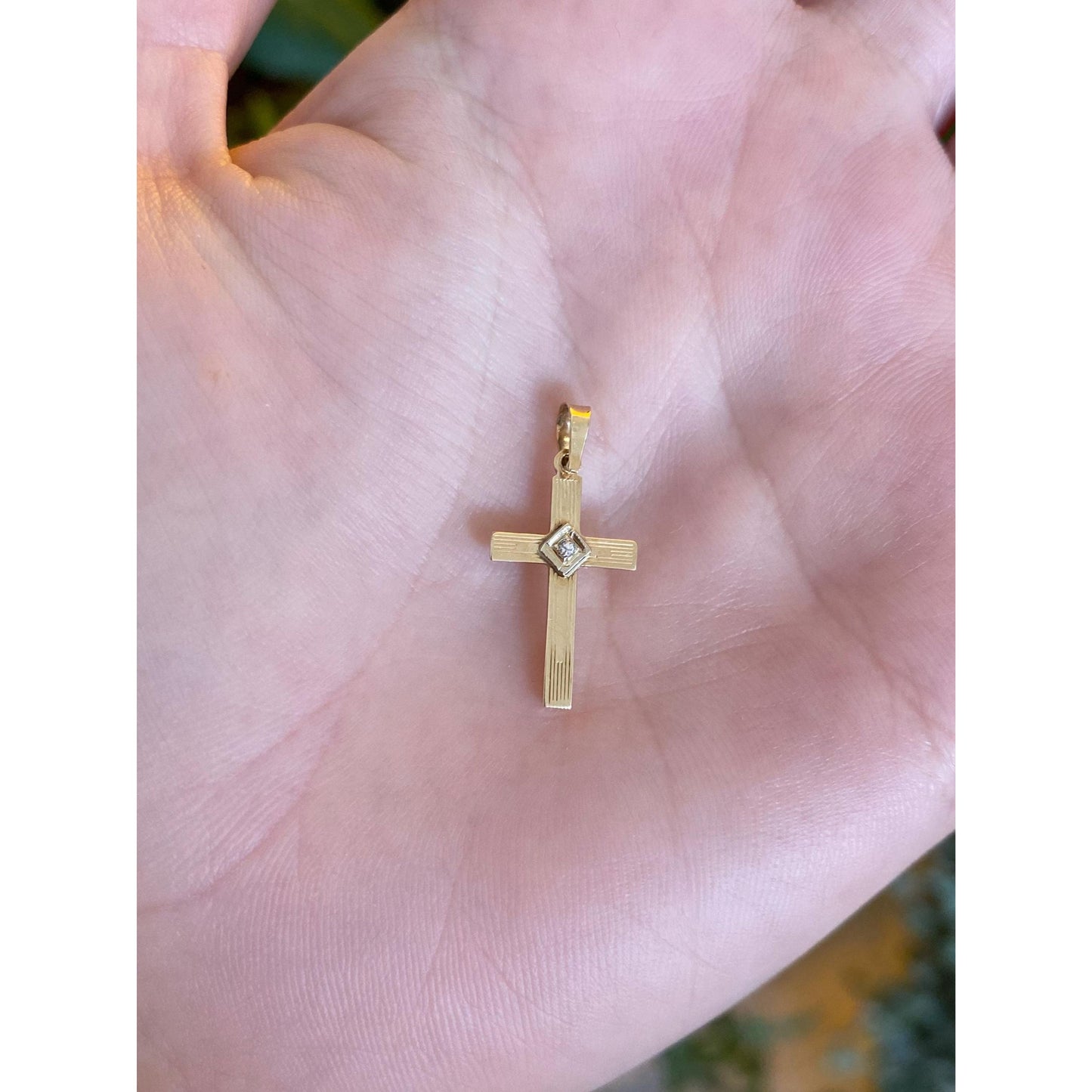 Vintage 14k Yellow Gold Diamond Lined Cross Charm