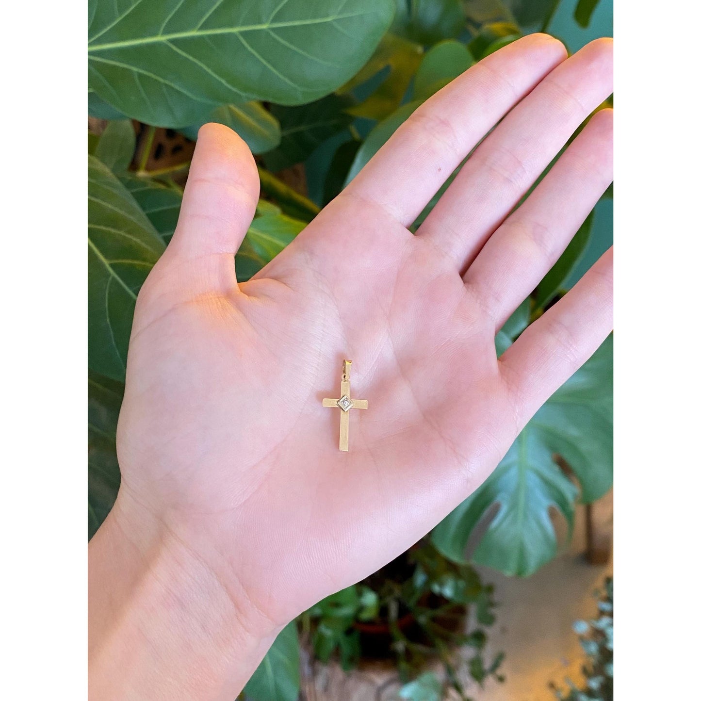 Vintage 14k Yellow Gold Diamond Lined Cross Charm