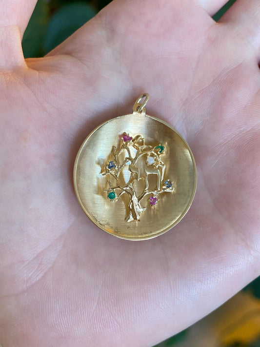 Vintage Solid 14k Yellow Gold Topaz Emerald Pink Sapphire Pearl Tree Charm