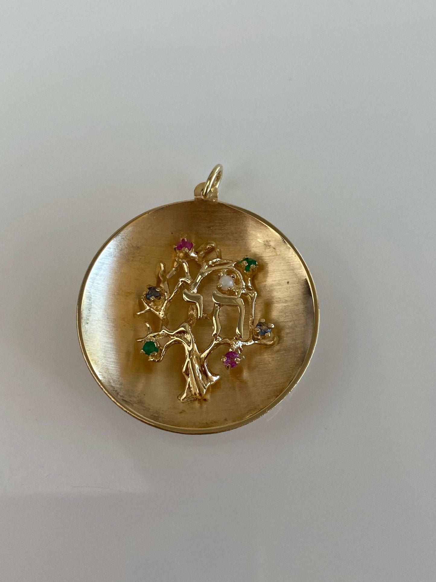 Vintage Solid 14k Yellow Gold Topaz Emerald Pink Sapphire Pearl Tree Charm