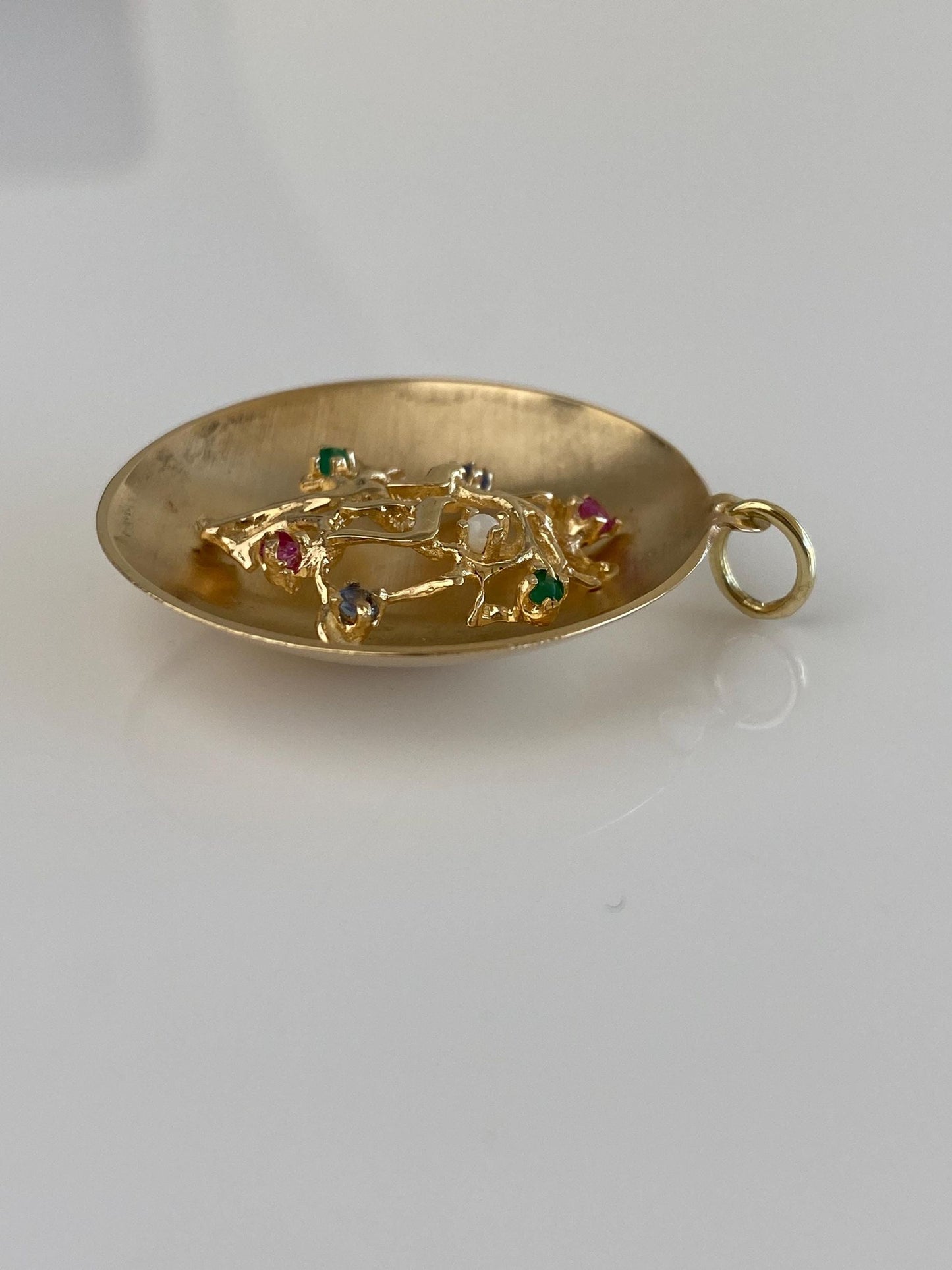 Vintage Solid 14k Yellow Gold Topaz Emerald Pink Sapphire Pearl Tree Charm