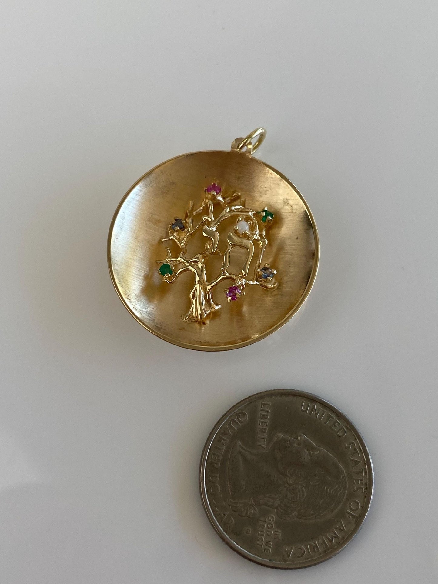 Vintage Solid 14k Yellow Gold Topaz Emerald Pink Sapphire Pearl Tree Charm