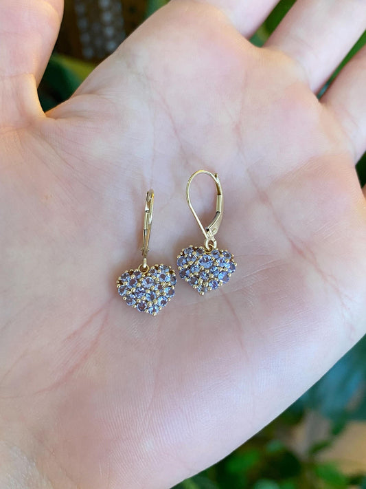 Vintage Solid 14k Yellow Gold Tanzanite Heart Drop Earrings