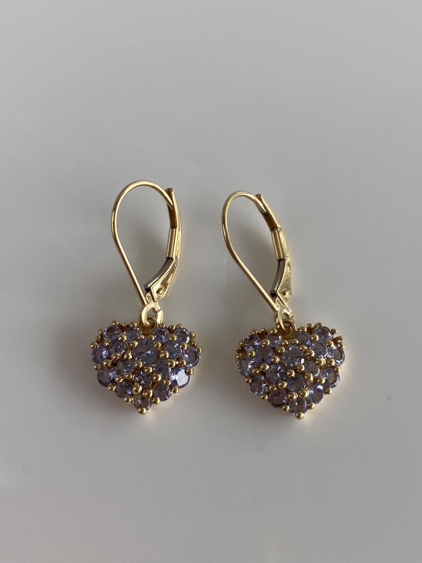 Vintage Solid 14k Yellow Gold Tanzanite Heart Drop Earrings