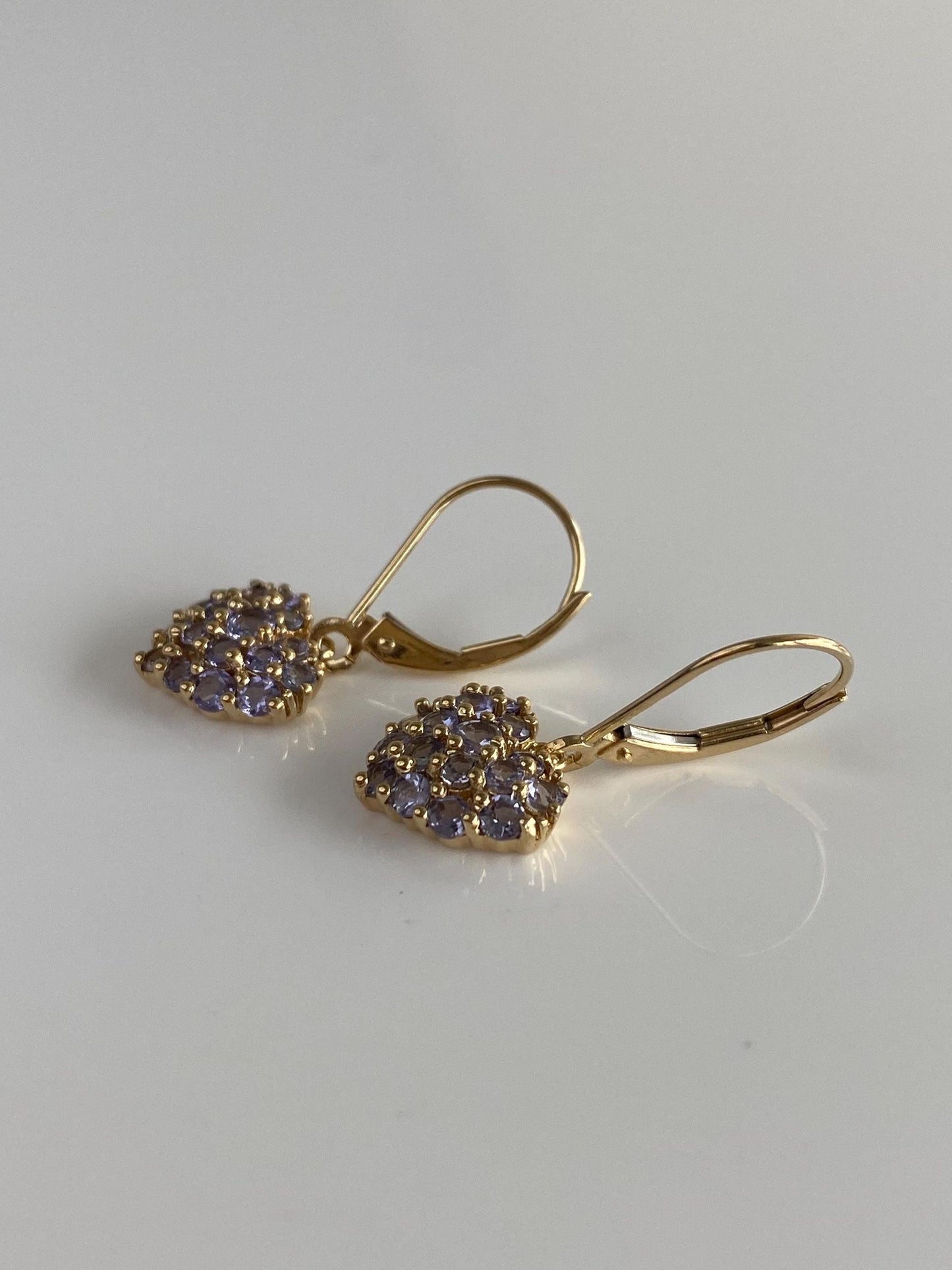 Vintage Solid 14k Yellow Gold Tanzanite Heart Drop Earrings