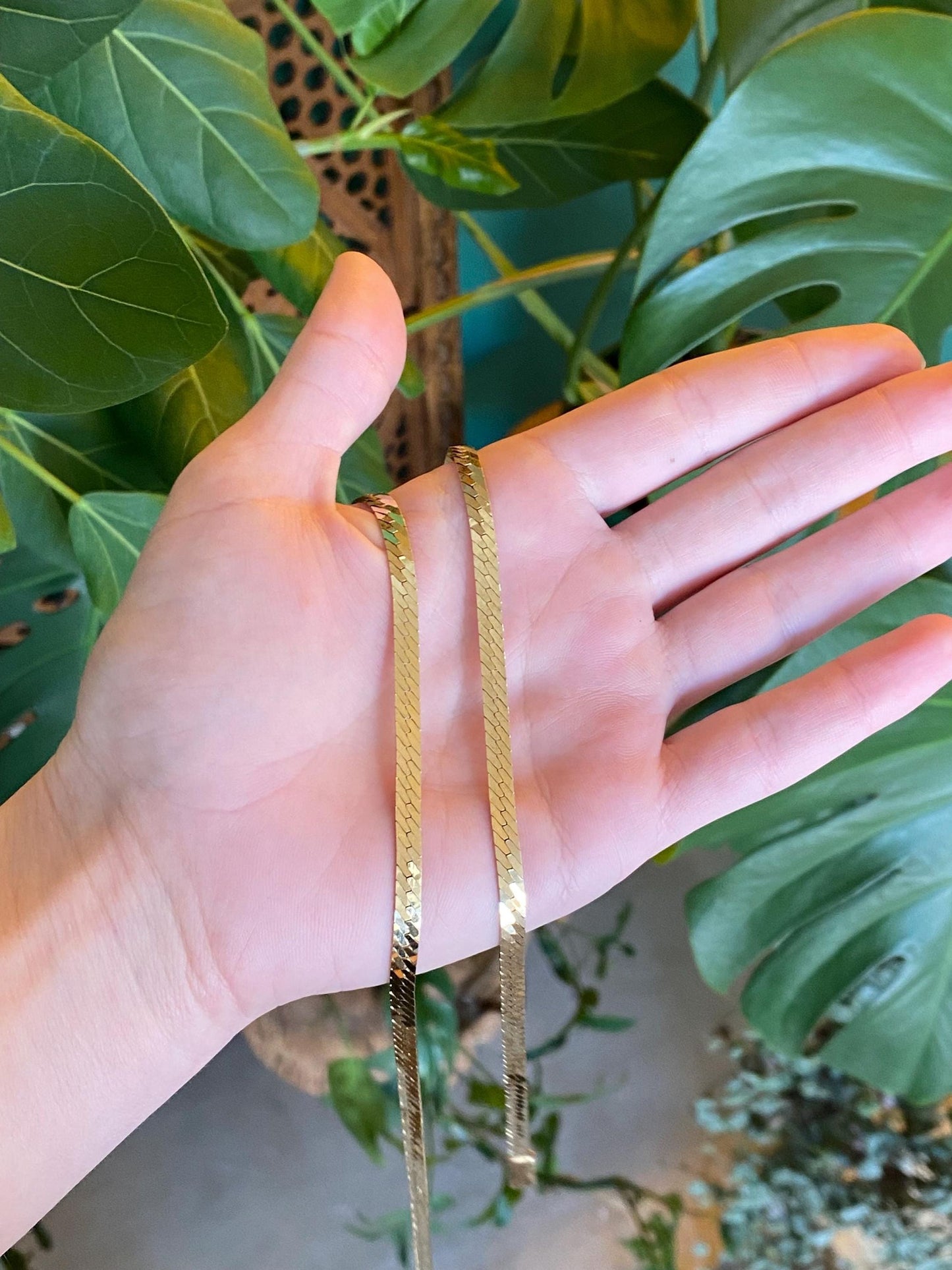 Vintage Solid 14k Yellow Gold Long Herringbone Chain Necklace - 24.25 inches