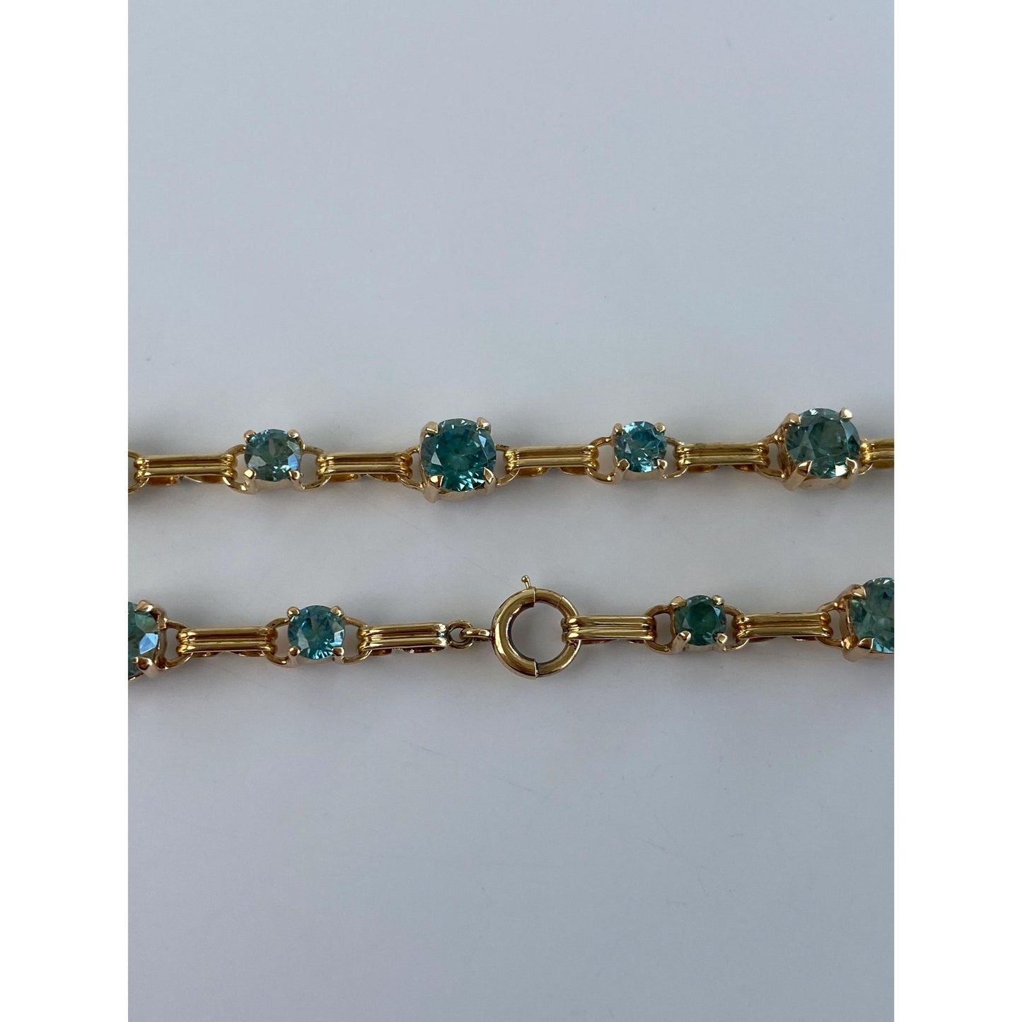 Vintage Solid 14k Yellow Gold Blue Zircon Link Necklace - 14.5 inches