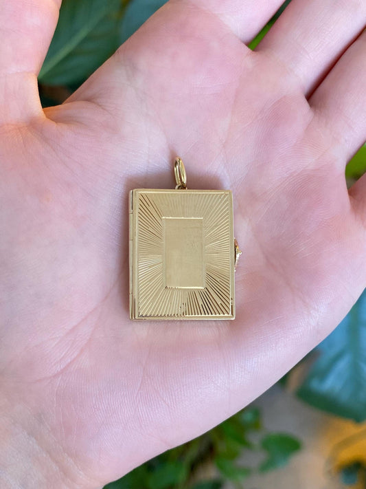Vintage Solid 14k Yellow Gold Engine Turned Book Locket Charm