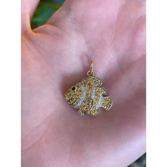 Vintage Solid 14k Yellow Gold Diamond Yellow Sapphire Ruby Fish Charm