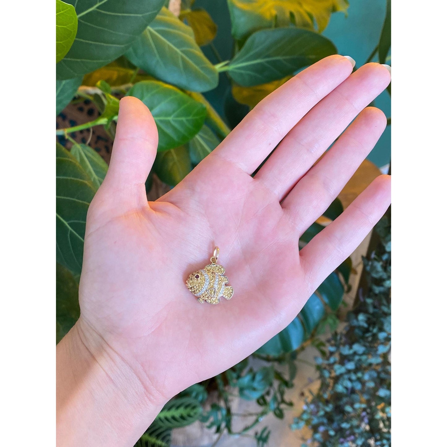 Vintage Solid 14k Yellow Gold Diamond Yellow Sapphire Ruby Fish Charm