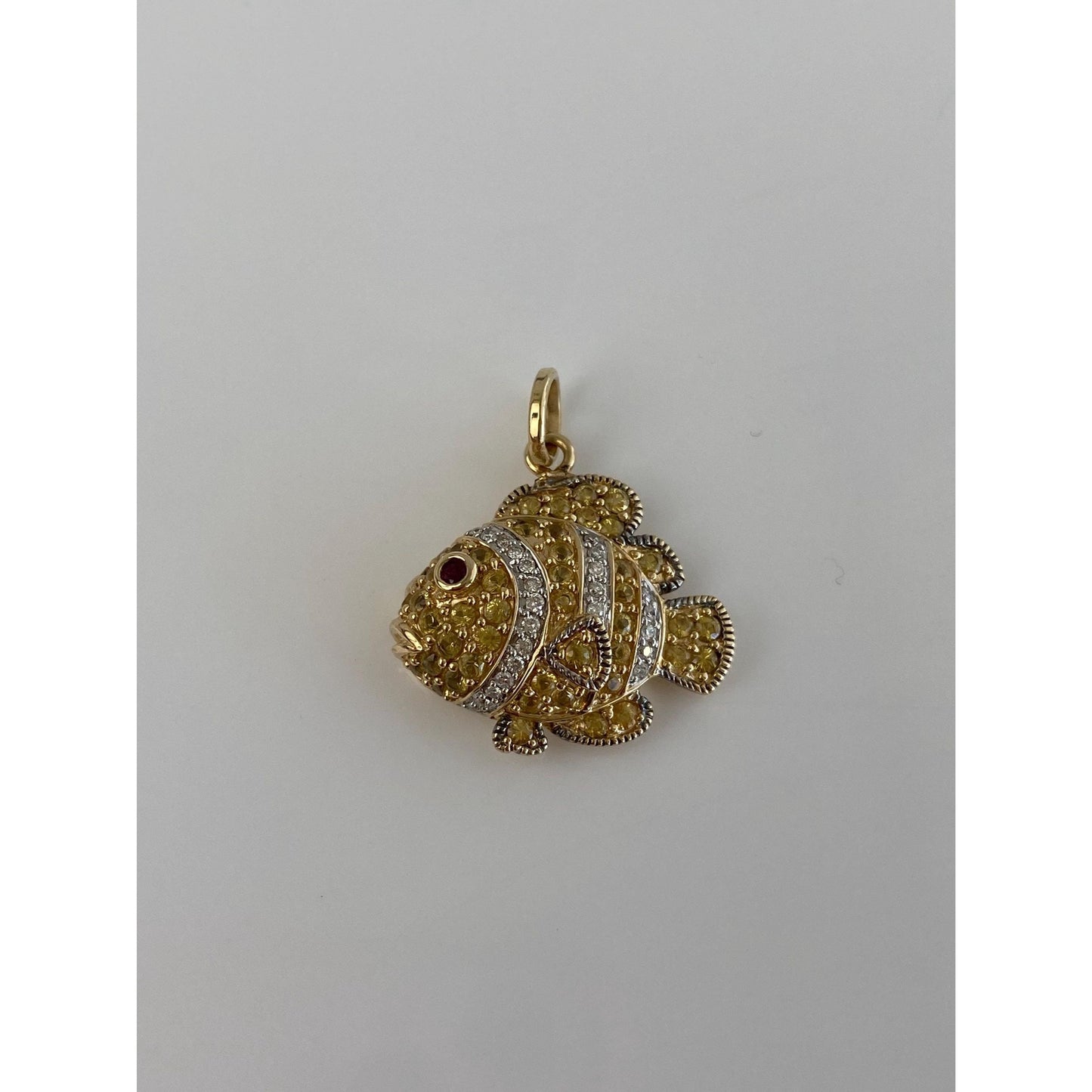 Vintage Solid 14k Yellow Gold Diamond Yellow Sapphire Ruby Fish Charm
