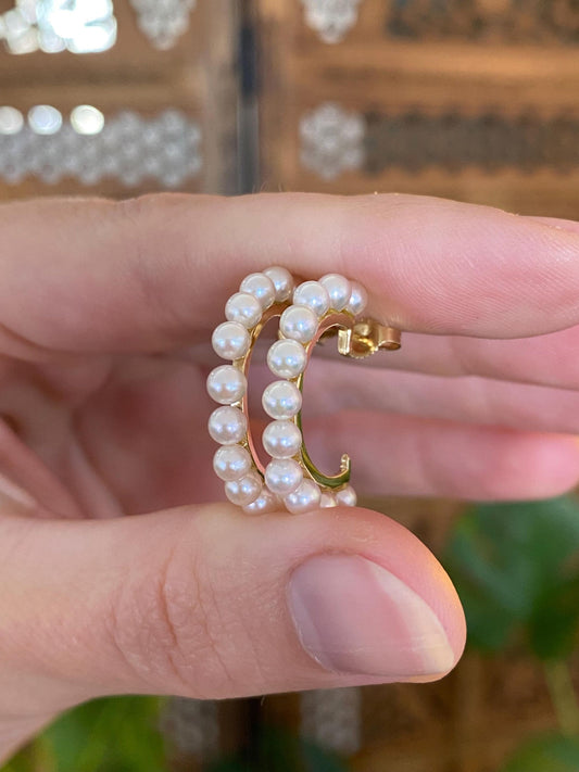 Vintage Solid 14k Yellow Gold Pearl Hoop Stud Earrings