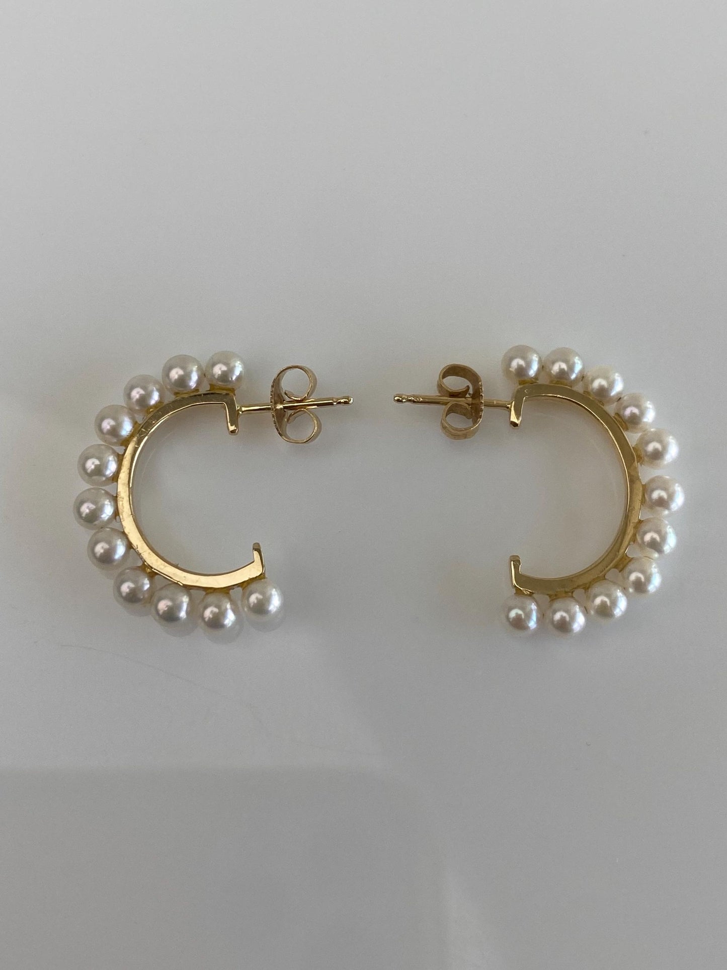 Vintage Solid 14k Yellow Gold Pearl Hoop Stud Earrings
