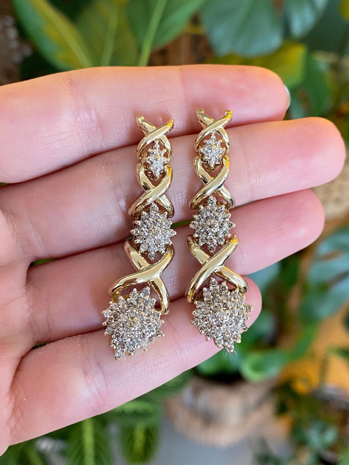 Vintage Solid 10k Yellow Gold Diamond Cluster X Link Drop Earrings