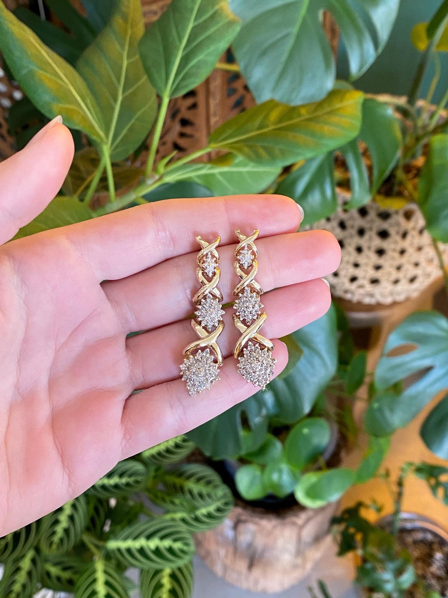 Vintage Solid 10k Yellow Gold Diamond Cluster X Link Drop Earrings