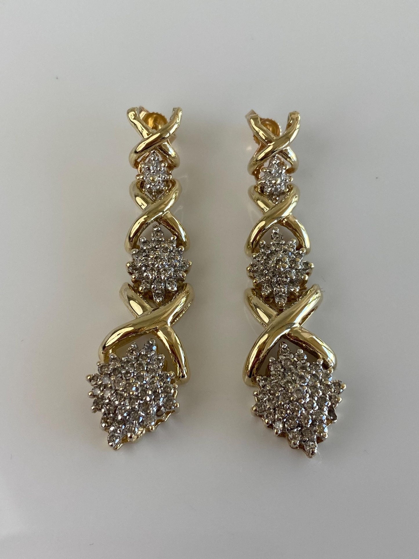 Vintage Solid 10k Yellow Gold Diamond Cluster X Link Drop Earrings
