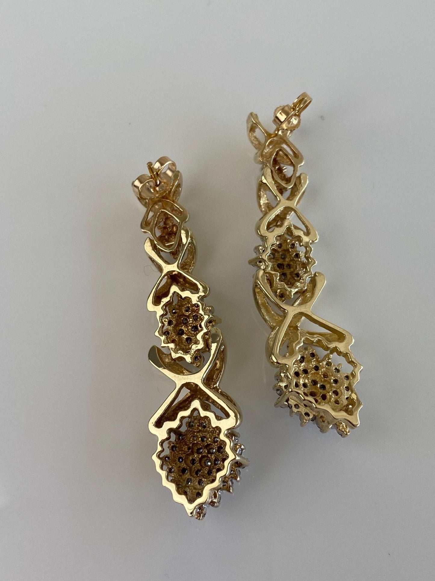 Vintage Solid 10k Yellow Gold Diamond Cluster X Link Drop Earrings