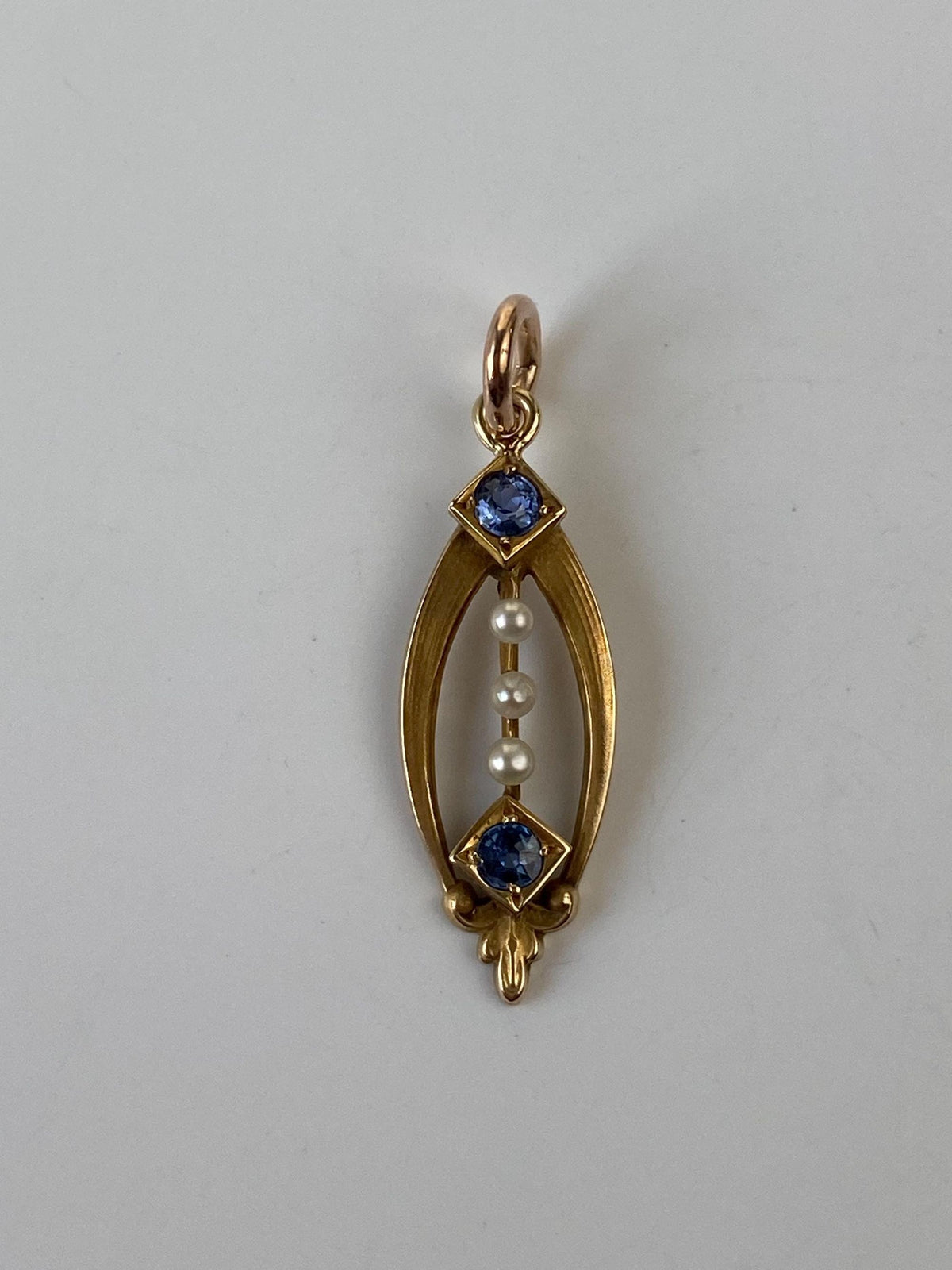 Vintage Solid 14k Yellow Gold Blue Sapphire Seed Pearl Charm
