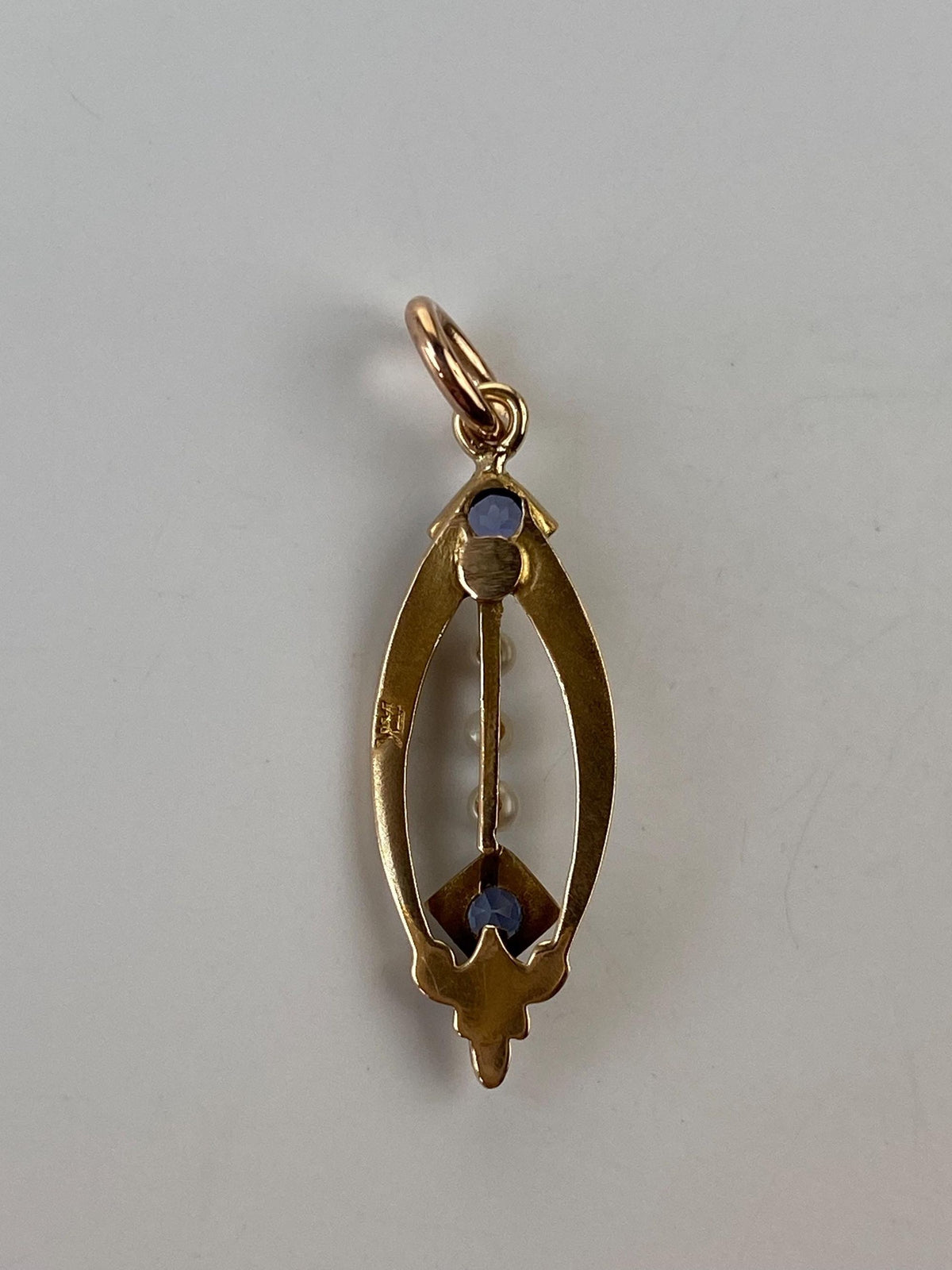 Vintage Solid 14k Yellow Gold Blue Sapphire Seed Pearl Charm