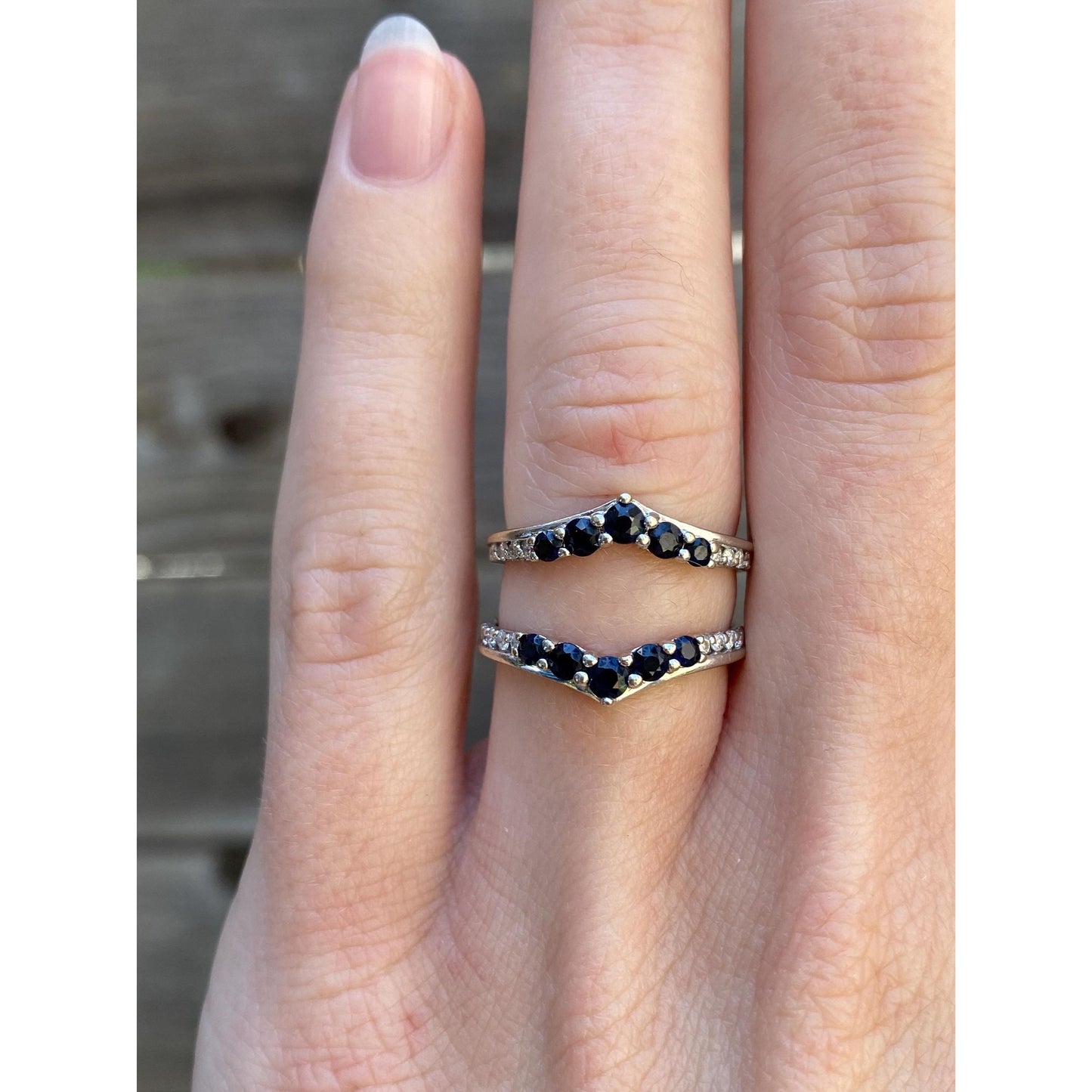 Solid 14k White Gold Blue Sapphire Clear Sapphire Double Ring - Size 4.25