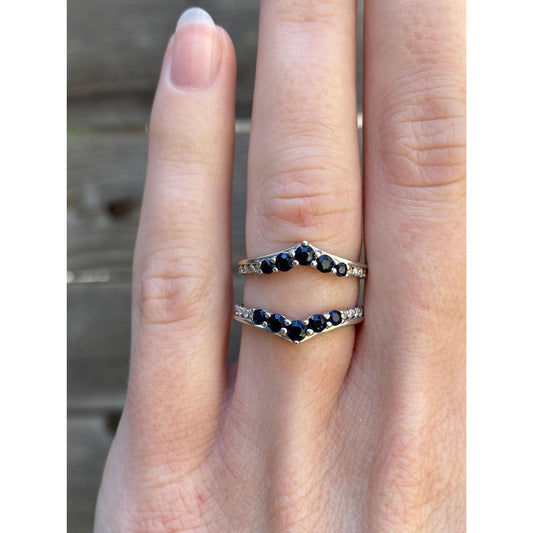 Solid 14k White Gold Blue Sapphire Clear Sapphire Double Ring - Size 4.25