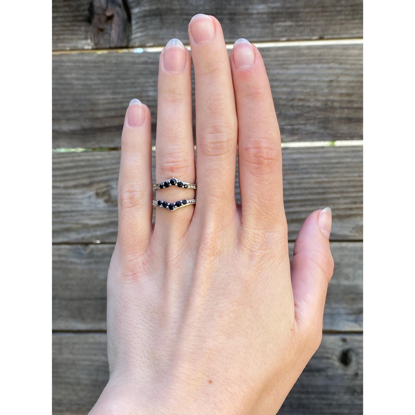 Solid 14k White Gold Blue Sapphire Clear Sapphire Double Ring - Size 4.25