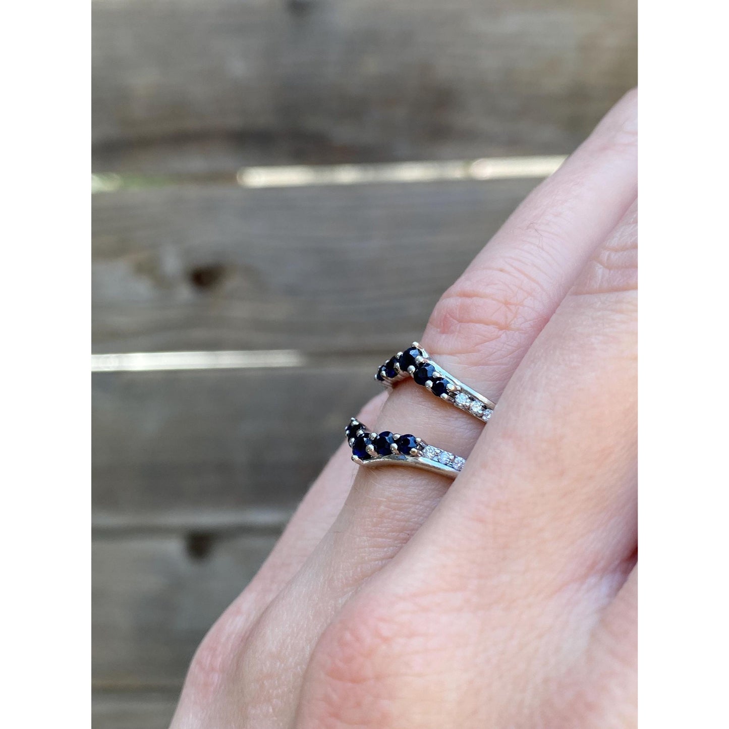 Solid 14k White Gold Blue Sapphire Clear Sapphire Double Ring - Size 4.25