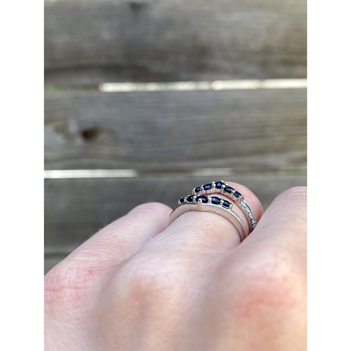 Solid 14k White Gold Blue Sapphire Clear Sapphire Double Ring - Size 4.25