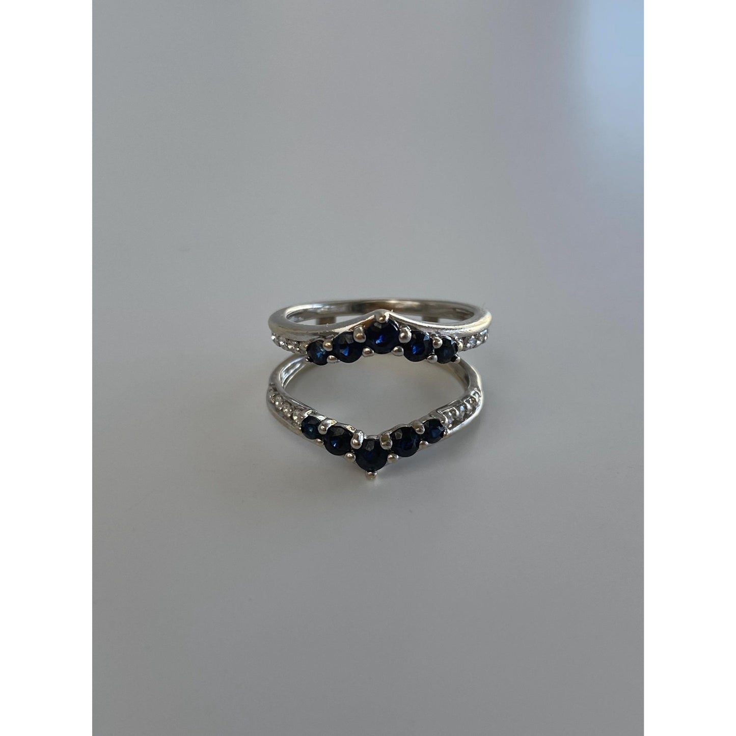 Solid 14k White Gold Blue Sapphire Clear Sapphire Double Ring - Size 4.25